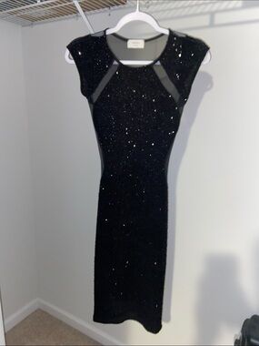 Mystic Black Sequin Cap-Sleeve Midi Dress